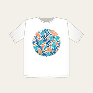 Branching Coral and Tiny Fish on Deep Blue T-Shirt in white: Branching coral and small fish in teal and orange swim across a deep blue background.