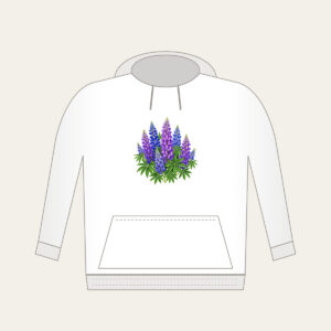 Lupine Spikes in Violet and Blue Hoodie in white: Tall lupine spikes in violet and blue rise among green leaves.