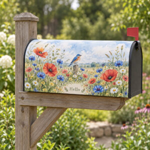 Mailbox cover printed with a watercolour wildflower meadow and a small bluebird