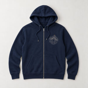 French Navy Contour Zip Hoodie with compact left-chest patch-size printed topographic contour mark in ivory with one small gold peak marker, kept entirely on one side of the zipper
