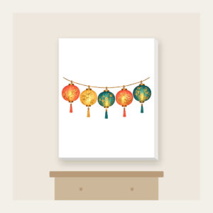 Five Glowing Paper Lanterns Canvas Print in white: A string of five paper lanterns in coral, gold and teal glows against a dark ground.