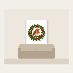 Robin in a Holly Wreath Fleece Blanket in white: A robin perches in a holly wreath in red, brown and green.