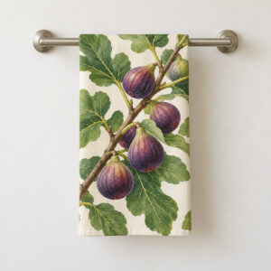 Fig Branch Hand Towel with a fig branch with plump purple figs and broad green leaves on a cream ground