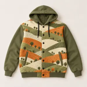 Hilltop Letterman All-Over Hooded Baseball Jacket with all-over patchwork hills with tiny round trees in olive, cream and burnt orange, sleeve and hood in a plain coordinating tone