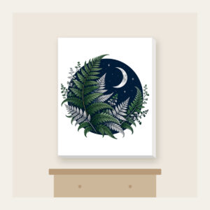 Moonlit Fern Fronds on Navy Canvas Print in white: Silver and deep green fern fronds curl over navy beneath a small crescent moon.