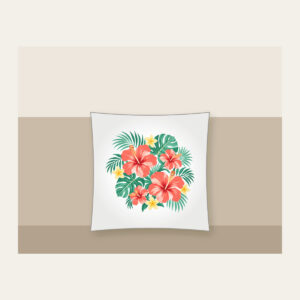 Coral Hibiscus Palm Sorbet Pattern Pillow in white: Coral hibiscus blooms and palm leaves in mint and lemon spread across a cream field.