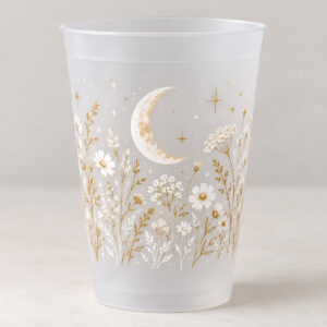 Frosted Moon Garden Cup with frosted band of a moon and wildflowers in white and soft gold around the cup