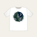 Moonlit Fern Fronds on Navy T-Shirt in white: Silver and deep green fern fronds curl over navy beneath a small crescent moon.