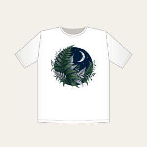 Moonlit Fern Fronds on Navy T-Shirt in white: Silver and deep green fern fronds curl over navy beneath a small crescent moon.