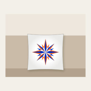 Cobalt Starburst Pattern Pillow in white: A starburst pattern in cobalt and orange over a cream field.