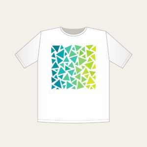 Teal-to-Lime Color-Block Triangles T-Shirt in white: Color-blocked triangles shift from teal to lime on white.