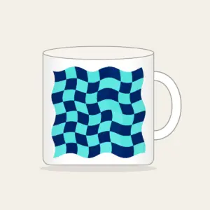 Ripple Checkerboard in Navy and Aqua Mug in white: A checkerboard whose squares ripple like waves in navy and aqua.