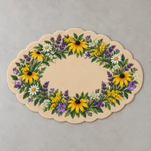 Wildflower Wreath Door Mat with a bold oval wildflower wreath in yellow, purple and green at the centre