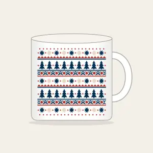 Alpine Star and Pine Border Bands Mug in white: Bands of stars and pine trees in cream, rust and navy, repeating like an alpine border.