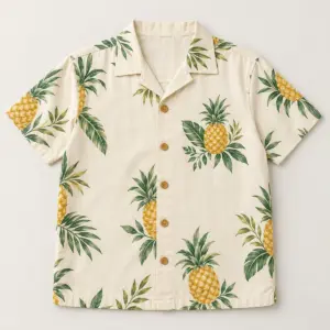 Youth Pineapple Hawaiian Shirt with compact front chest panel print of one pineapple with two leaves and a few small leaf sprigs in yellow, green and cream