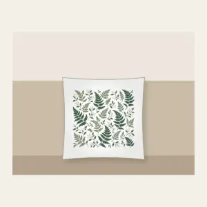 Fern and Berry Repeat Pillow in white: A repeat of ferns and tiny berries in sage, deep green and cream.