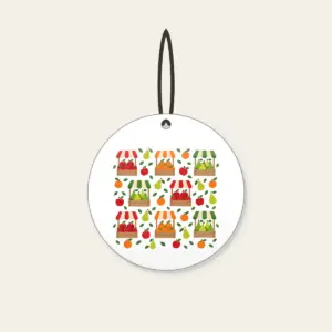 Fruit Crates and Striped Awnings Ceramic Ornament in white: Crates of apples, oranges and pears under striped awnings in red, orange and green on cream, balanced for little ones.