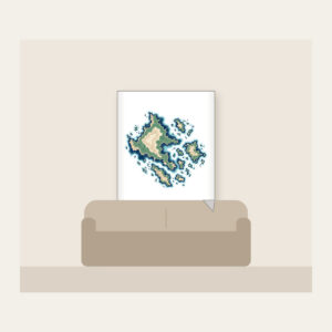 Topographic Coastline and Islands Map Fleece Blanket in white: Topographic contours of a coastline and islands in navy, sea green and sand on cream.
