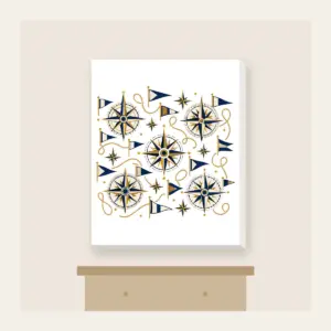 Compass Roses and Pennants Canvas Print in white: Compass roses and pennants repeat in navy, gold and cream.