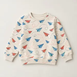 Paper Plane Youth Sweatshirt with all-over paper planes trailing dotted paths in blue, coral and cream