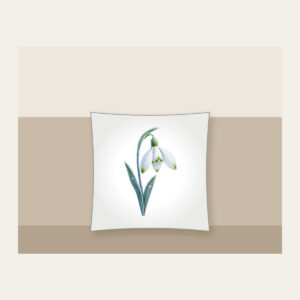 Frosted Snowdrop Blossom Pillow in white: A snowdrop flower with white petals, green tips and a pale blue stem, drawn with a delicate frost texture.