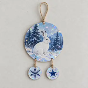 Snow Hare Wood and Hologram Ornament with a hare in a snowy field with pines in white, grey and ice blue
