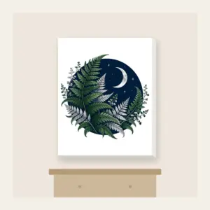Moonlit Fern Fronds on Navy Canvas Print in white: Silver and deep green fern fronds curl over navy beneath a small crescent moon.