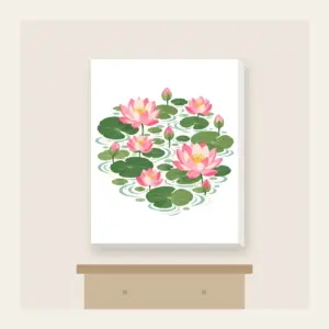 Lotus Blooms over Pond Ripples Canvas Print in white: Lotus blooms float above pond ripples in pink, green and cream.