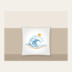 Curling Wave and Little Sun Pillow in white: A curling wave in white, pale blue and sand with a small sun disc above.