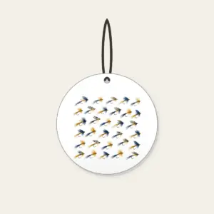 Trout Flies in Diagonal Rows Ceramic Ornament in white: Tiny trout flies lined up in diagonal rows in navy, gold and cream.