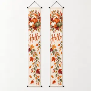 Autumn Doorway Banner with matching pair of vertical pumpkin-and-leaf compositions in rust, ochre and sage with exact word "Hello"