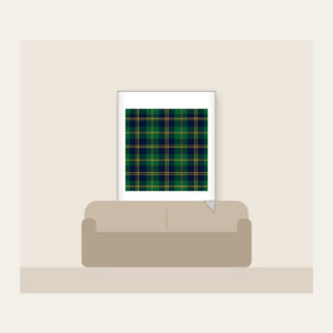 Green and Navy Plaid with Gold Lines Fleece Blanket in white: A classic plaid of green and navy, finished with fine gold lines.