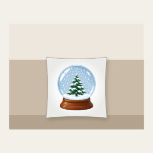 Tiny Pine Snow Globe Pillow in white: A small pine tree stands inside a round snow globe as white flakes swirl around it.