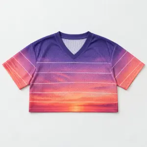 Neon Dusk Mesh Crop Football Jersey with a dusk gradient from violet to coral with thin white horizon stripes