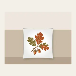 Oak Branch with Acorns Pillow in white: An oak branch with three leaves and two acorns in rust, olive and cream.