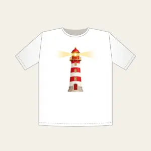 Striped Lighthouse Beam T-Shirt in white: A red and white striped lighthouse sends out a gentle golden beam of light.