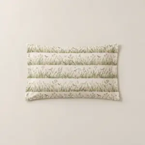 Quiet Meadow Pillow Case with all-over meadow stripes of grasses and tiny birds in sage, cream and blush
