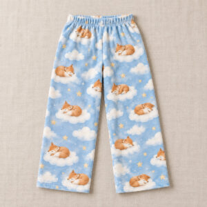Kids loose pajama pants with clouds and sleeping foxes
