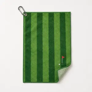 Fairway Stripe Golf Towel with alternating mown-stripe bands in two greens with a small flag and ball in one corner