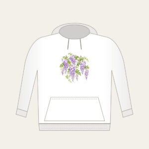 Cascading Wisteria Blossoms Hoodie in white: Lilac wisteria blossoms cascade across a pale ground, threaded with fresh green leaves.