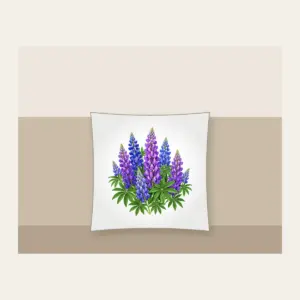Lupine Spikes in Violet and Blue Pillow in white: Tall lupine spikes in violet and blue rise among green leaves.
