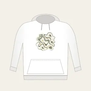 Moss and Sand Contour Lines Hoodie in white: Flowing contour lines in moss, sand and cream trace the shape of a quiet landscape.