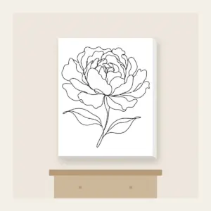 Peony in One Line Canvas Print in white: A single peony drawn in one continuous black line with two leaves.