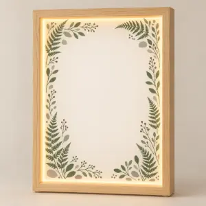 Terrarium Photo Frame Light Box with a printed border of succulents, ferns and tiny stones in green and warm grey around an empty photo area