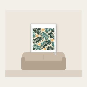 Palm Frond Shadows on Sand Fleece Blanket in white: A repeat of palm frond shadows in teal and deep green on a sandy cream base, with small sun circles.
