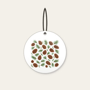 Scattered Pine Cones and Needles Ceramic Ornament in white: Pine cones and needles scatter in brown and green.