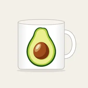 Halved Avocado Study Mug in white: An avocado cut open in leaf green, with a warm brown pit and a pale cream highlight.