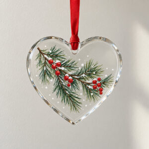 Frosted Pine Glass Ornament with artwork of a pine sprig with tiny red berries and snow dots in green, red and white, Heart shape, 1-side printed