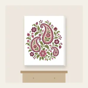Plum and Olive Paisley Garden Canvas Print in white: A paisley garden pattern with small flowers in plum, rose and olive on cream.
