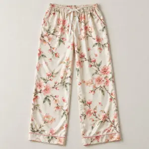 Peach Blossom Satin Pajama Pants with scattered peach blossoms and branches in peach, rose and pale green on cream satin